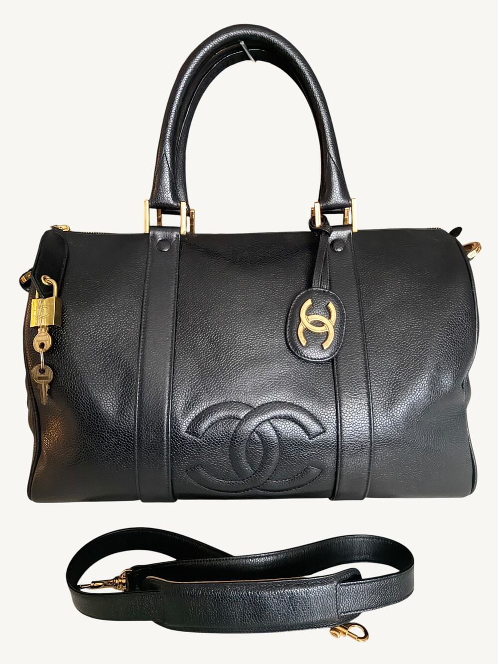 Chanel Vintage Caviar Boston Bag Black 24K Gold Plated Hardware Strap 3 Series